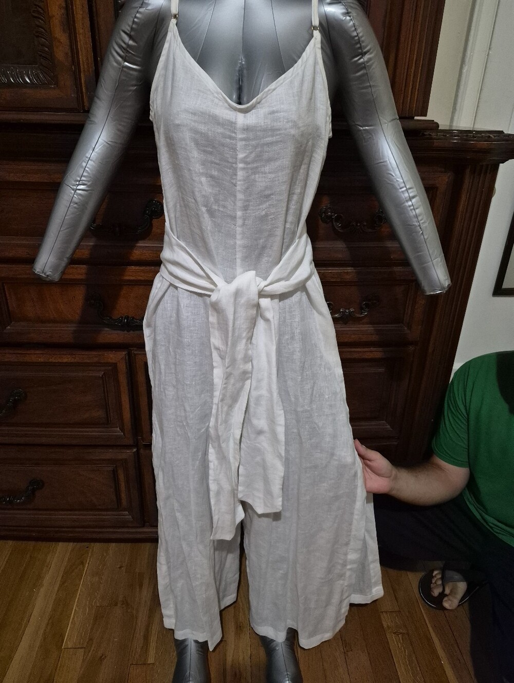 Women’s White Wide-Leg Linen Jumpsuit with Tie Waist